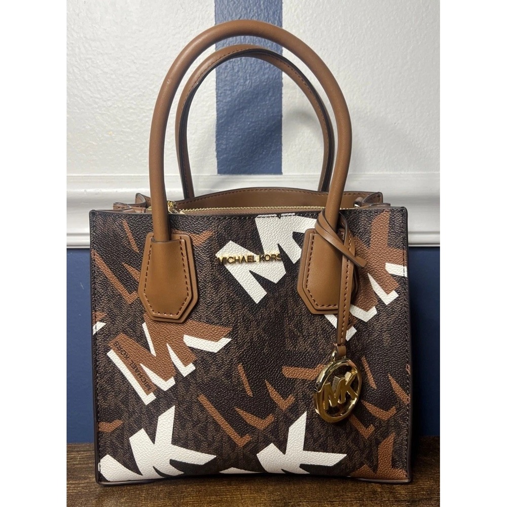 Michael Kors Mercer Medium Messenger Crossbody Satchel Bag Brown White Logo